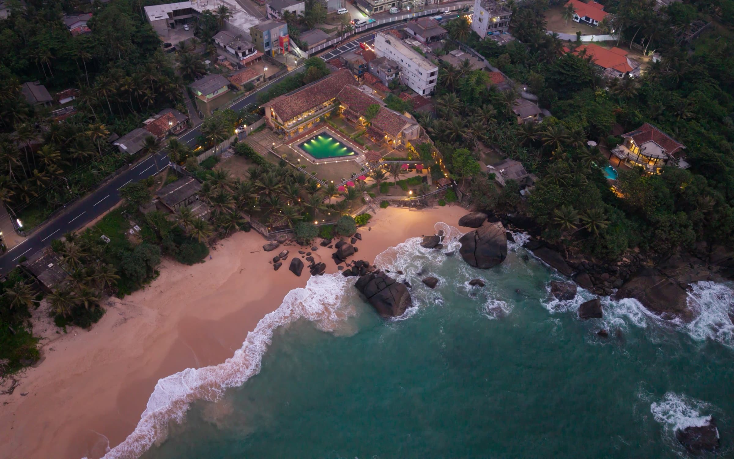 Aerial view of the coastline at dusk