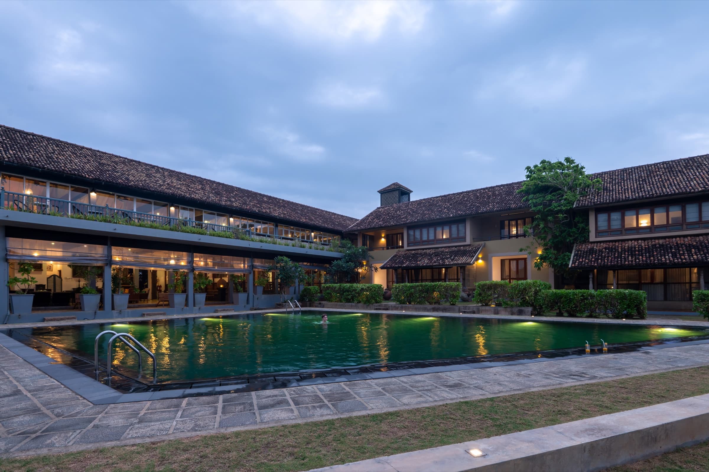 Pool and building at dusk