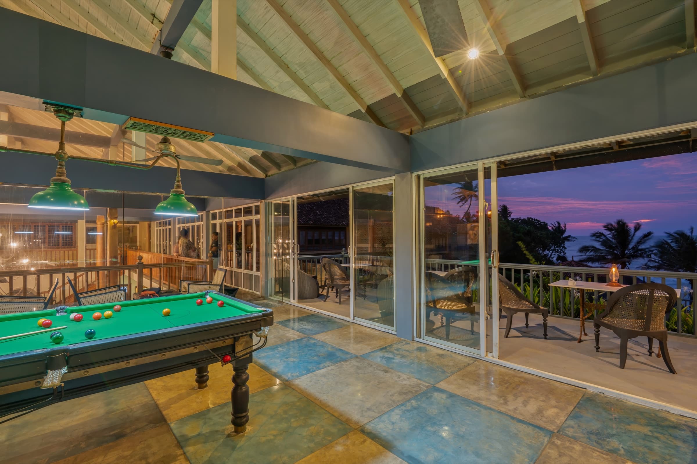 Billiard room with sunset view