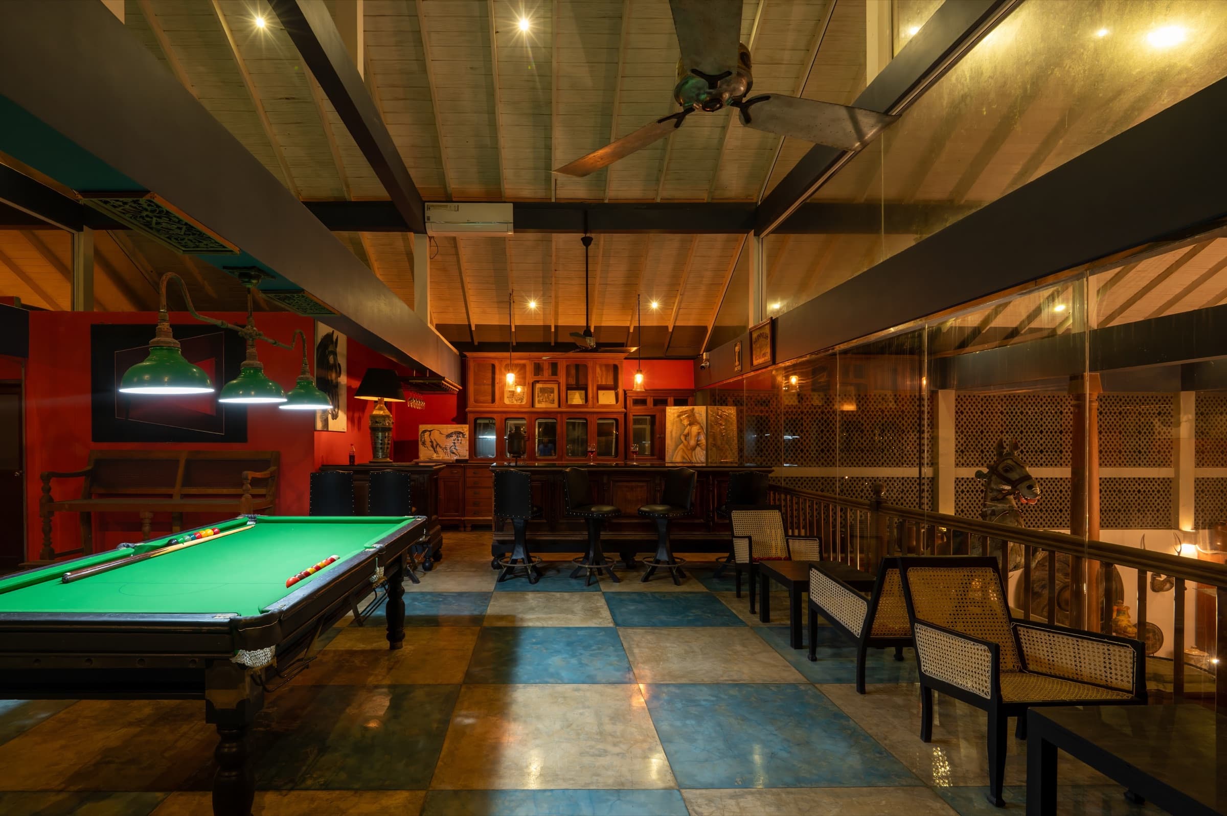Billiard table and bar interior