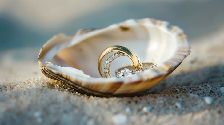 Wedding rings resting in a seashell on the sand